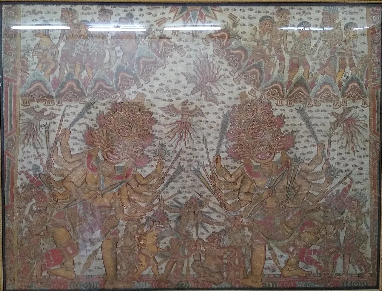 Een historisch schilderij in Kamasanstijl in het Neka Art Museum in Ubud — Sfeerbeeld: historische Kamasankunst, gefotografeerd in het Neka Art Museum in Ubud.